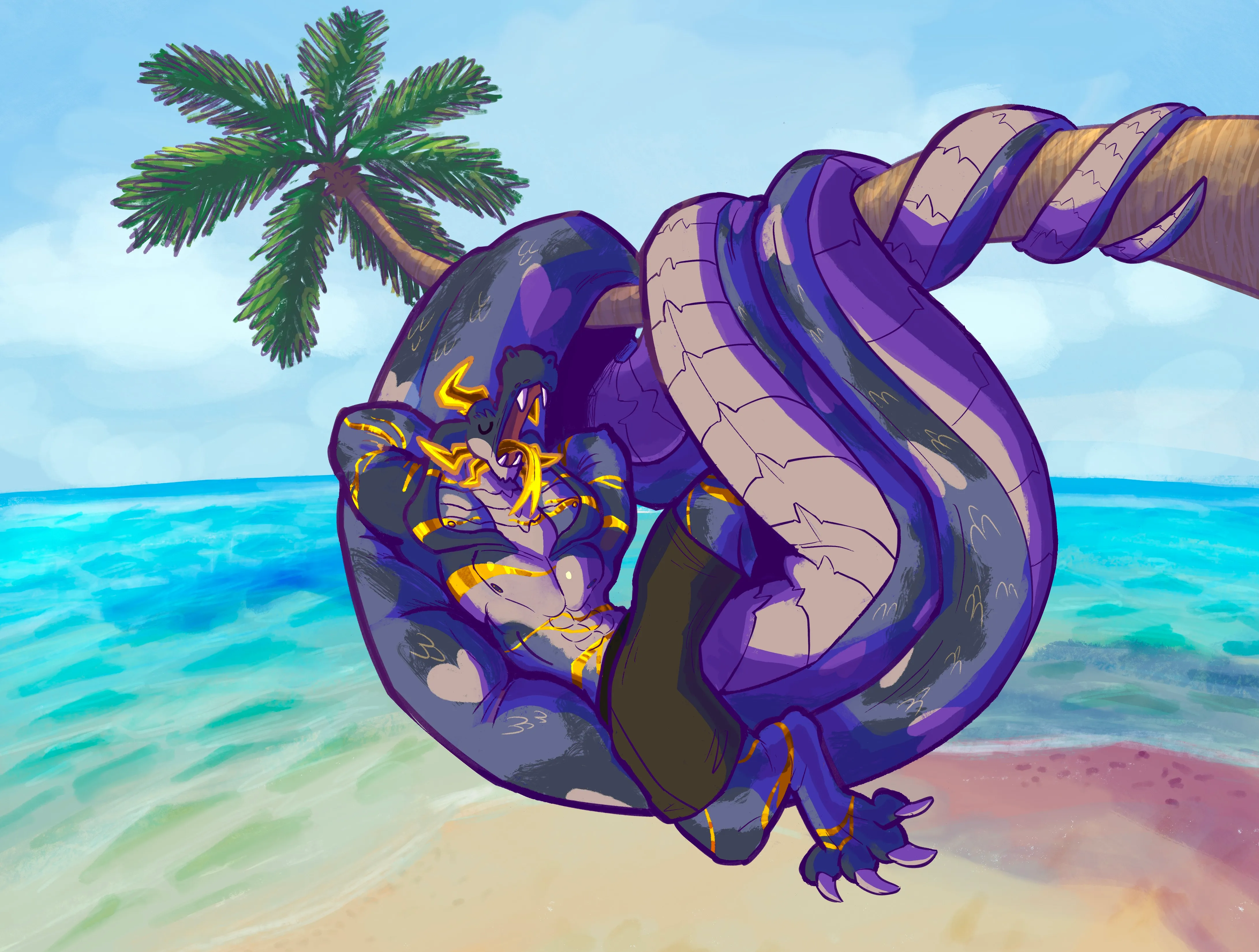 Argent lounging in a palm tree in a hammock made from wrapping his tail around