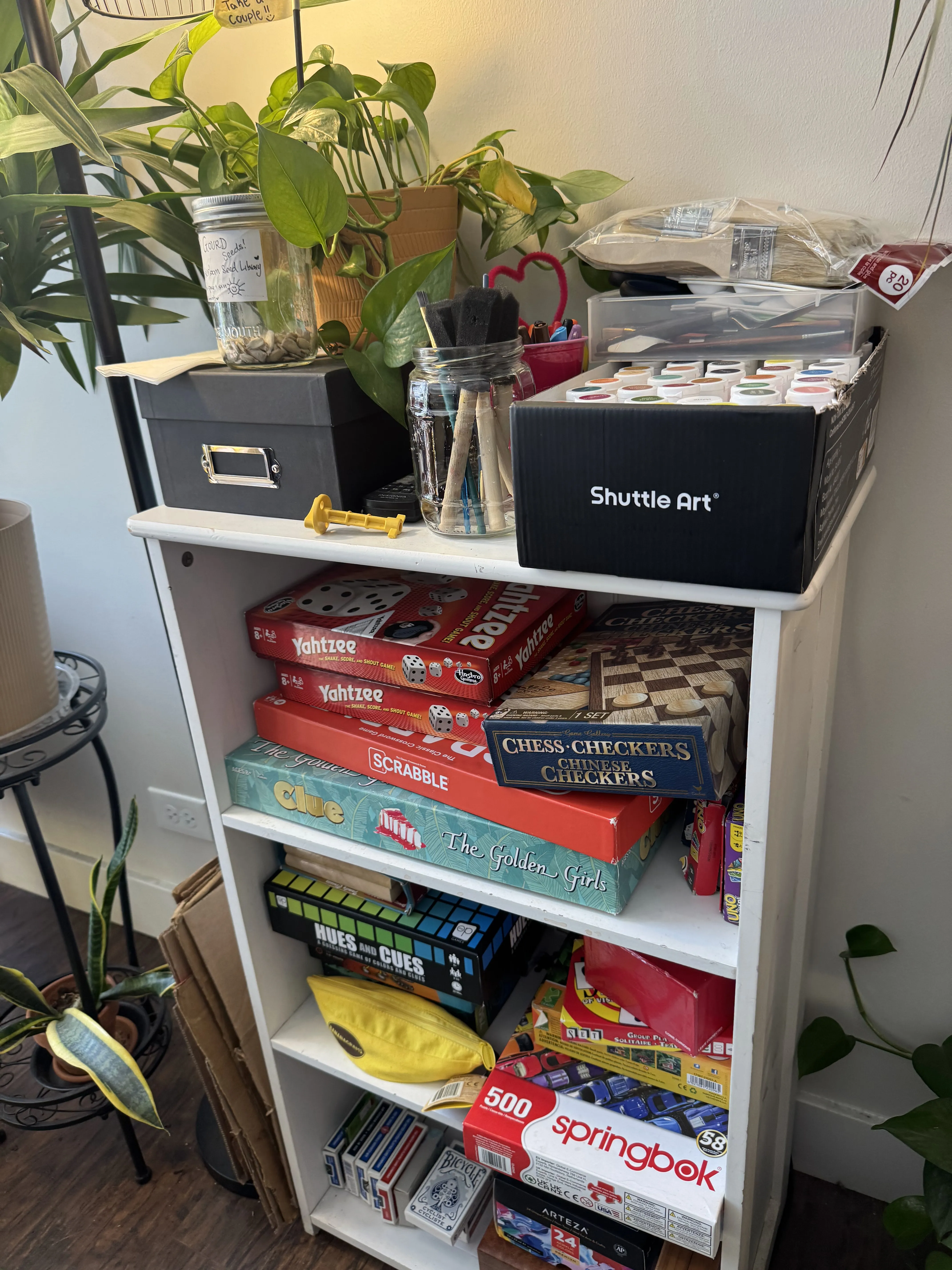 bananagrams...everywhere. why is it everywhere...lmao Small shelf packed with board games, art supplies, and surrounded by plants.