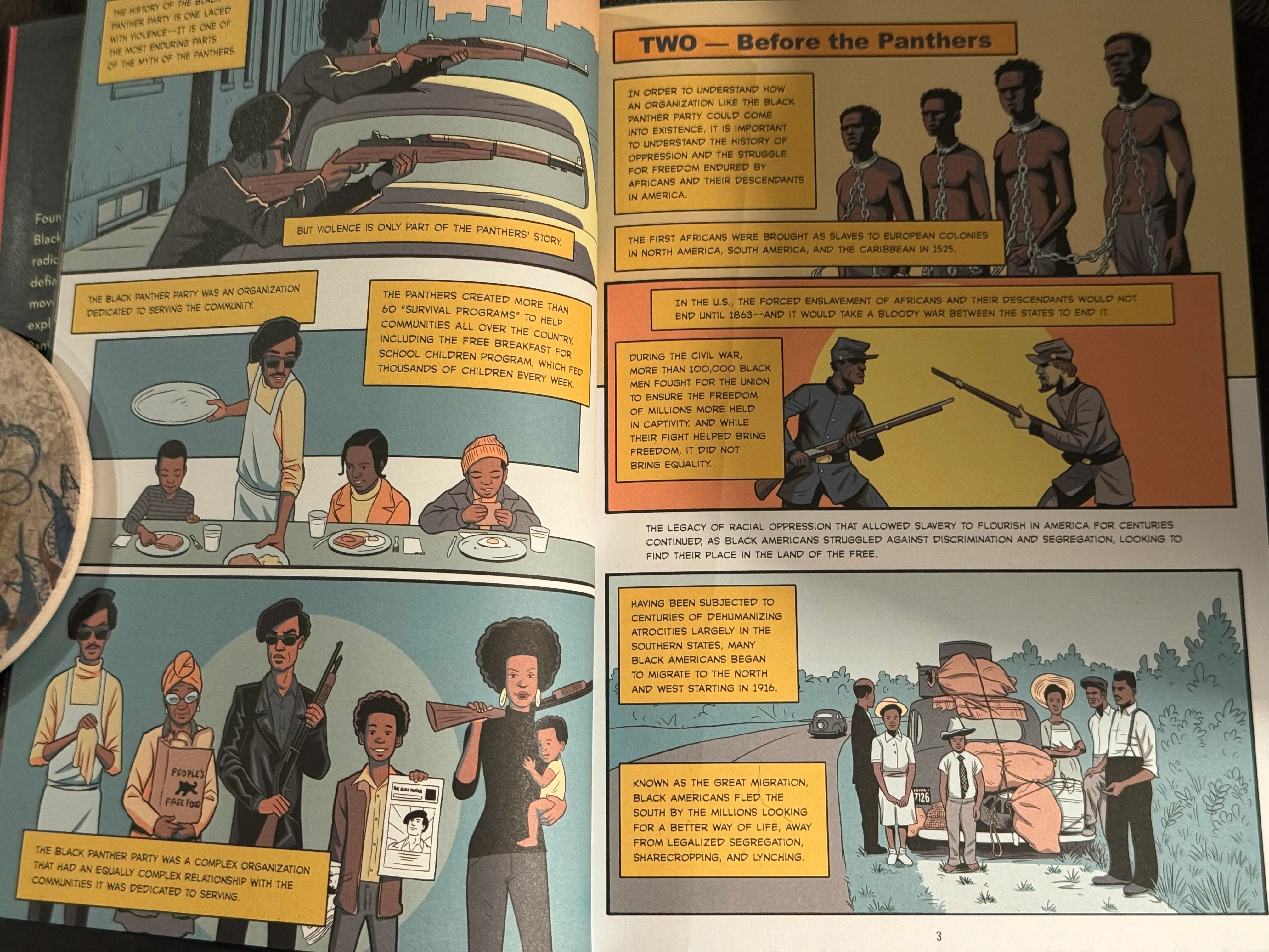 Photo of 2-page spread of the book, depicting the Party's notable non-violent community actions on the left. On the right, historical summary of slavery, civil war, and the Great Migration.