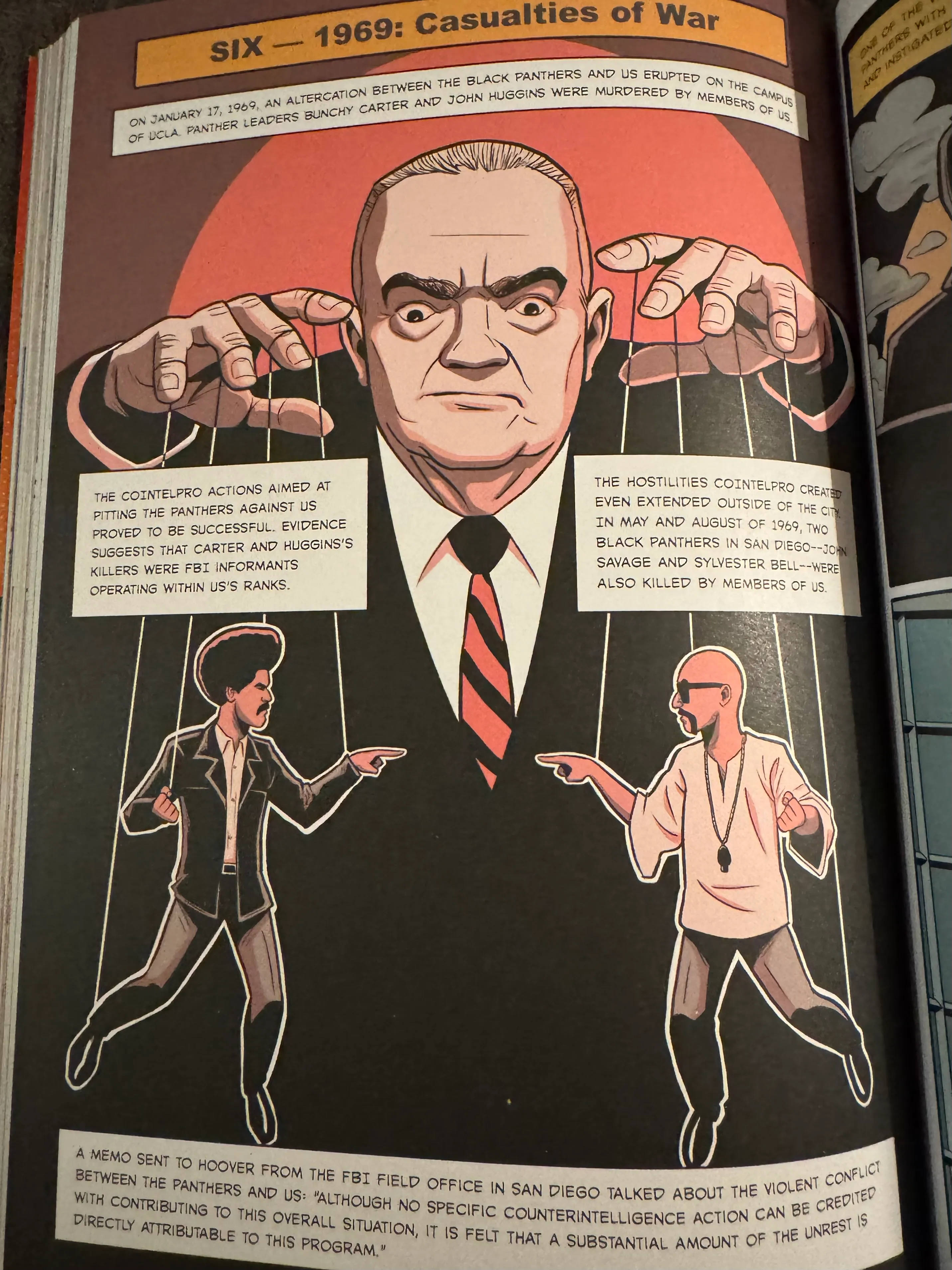 Edgar Hoover looms above a Panther and gang member, tied to his hands via puppet-strings with accompanying contextual explanations
