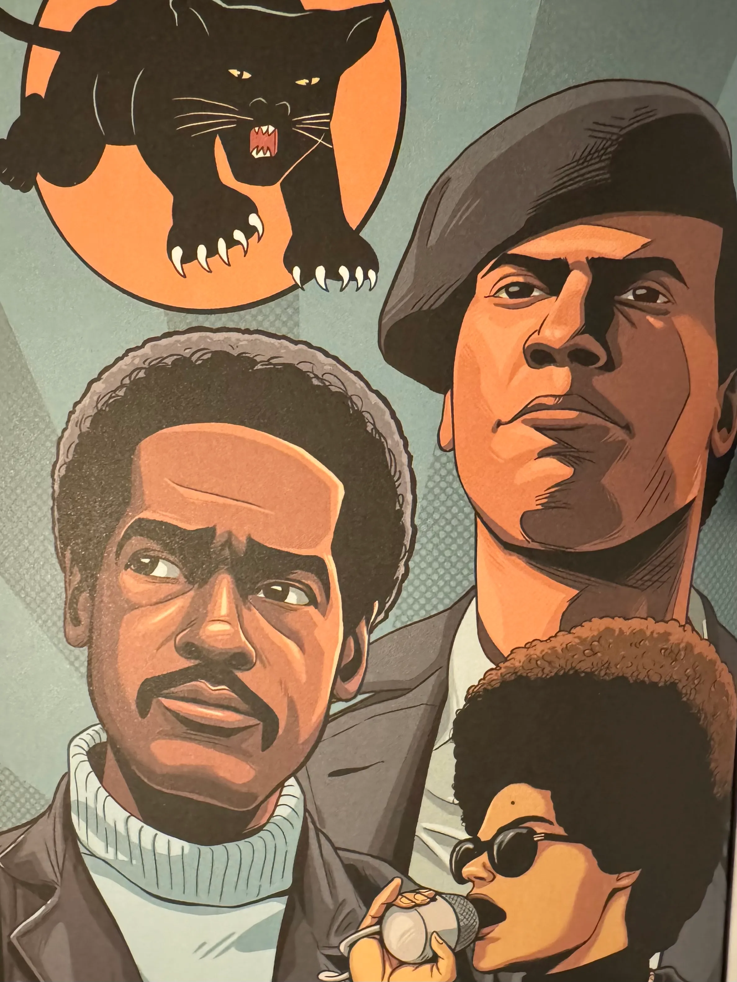 Dramatic poster spread of the original Black Panther panther symbol, and prominent panthers' faces.