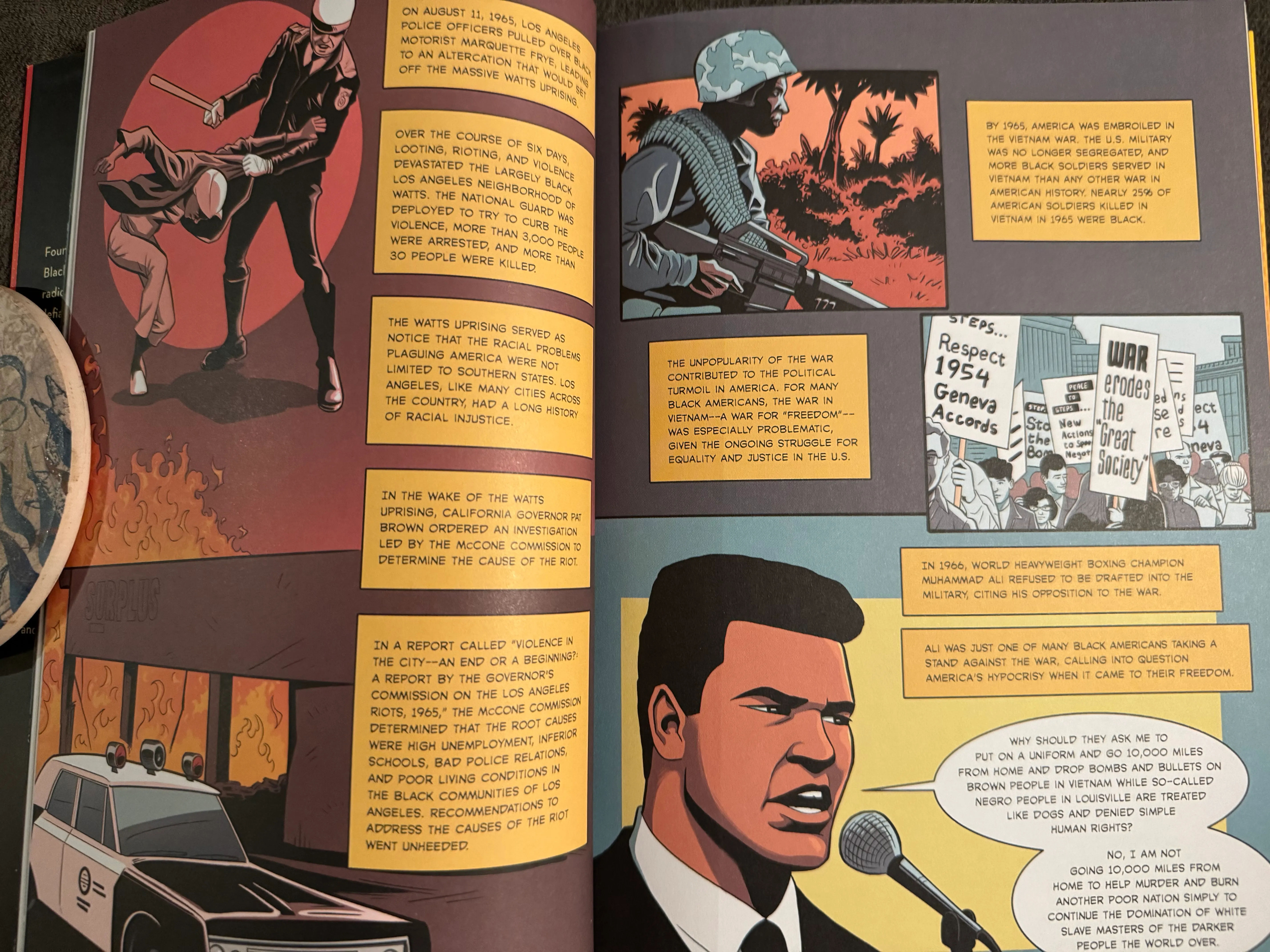 2-page spread depicting police violence re: the Watts riots of LA on the left, and Vietnam + Muhammad Ali protesting war on the right