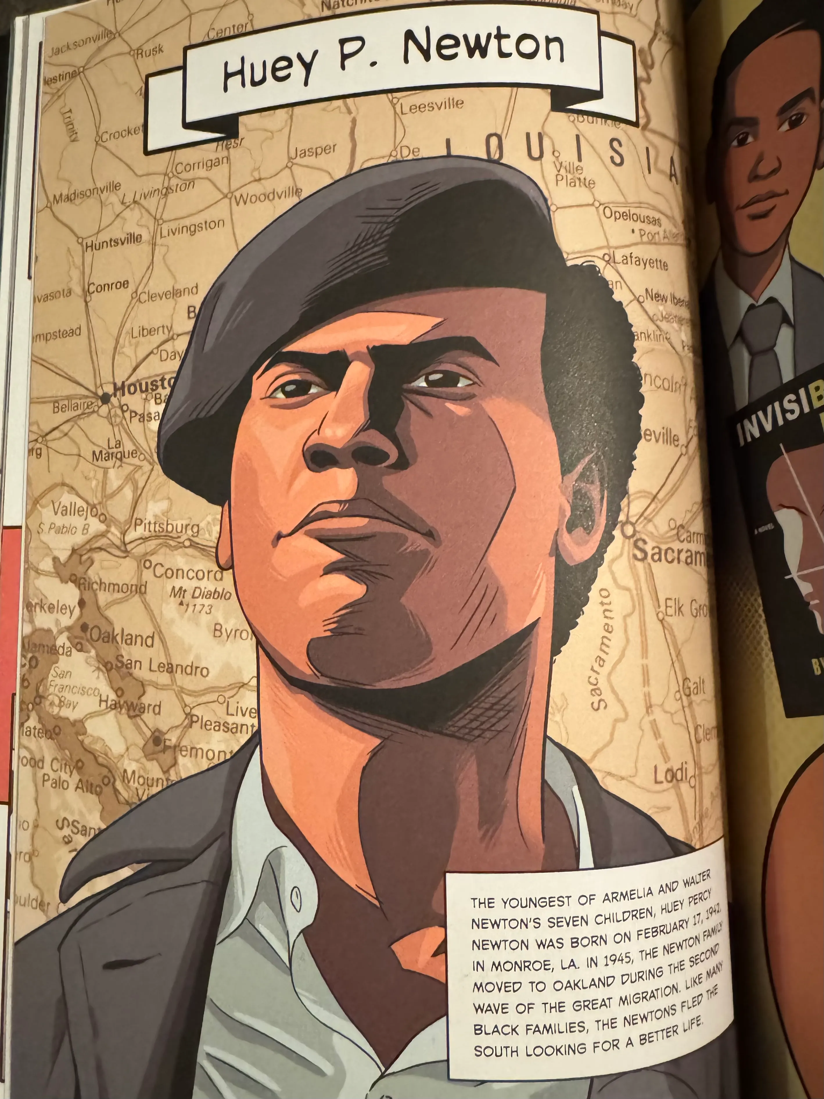 Full page of headshot of Huey Newton. His name written in a banner at the top. The background is a map medley of various cities