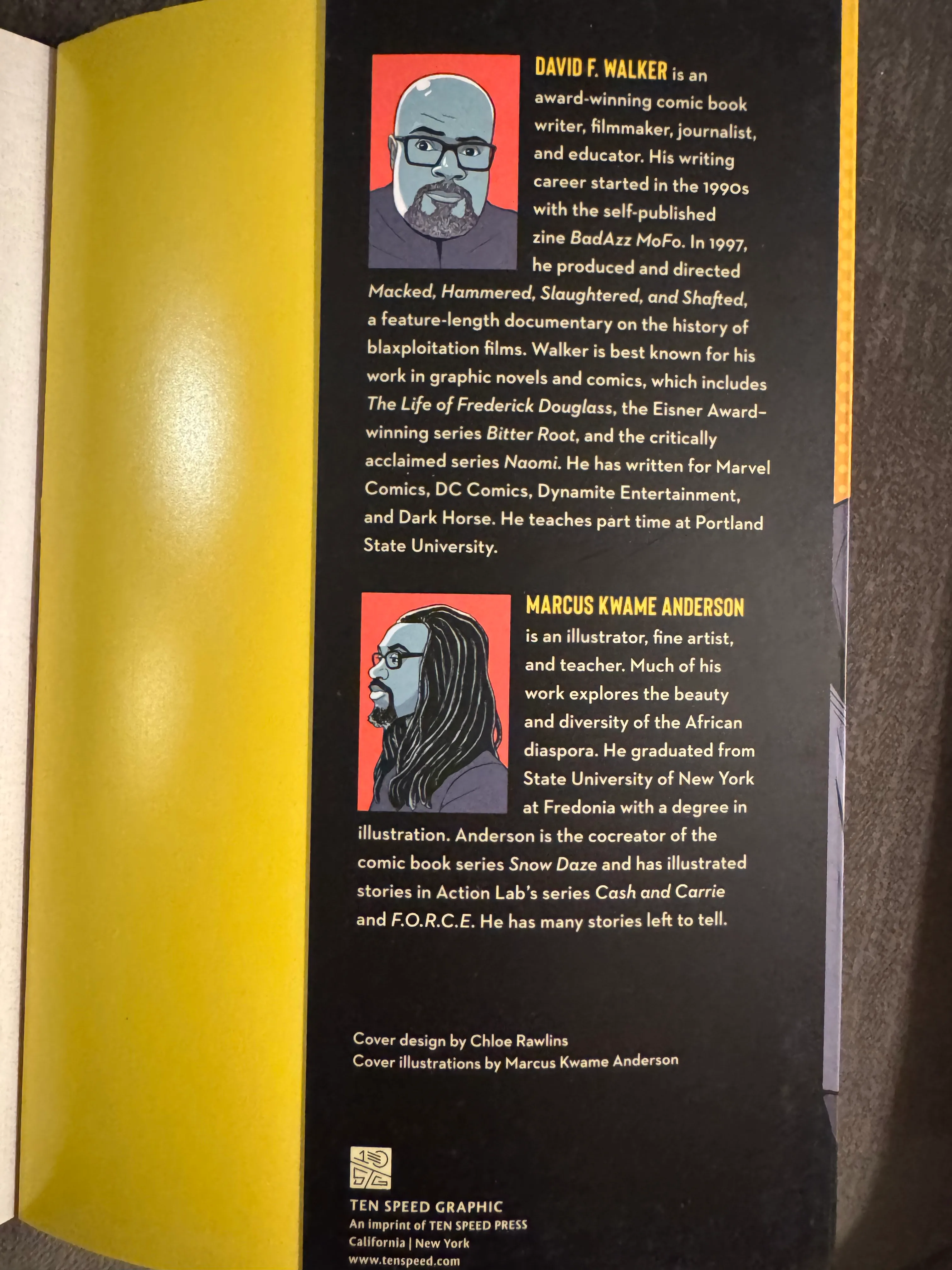 "About the authors" section on the back-flap of the book. David Walker (writer) on top, and Marcus Kwame Anderson (artist) below.