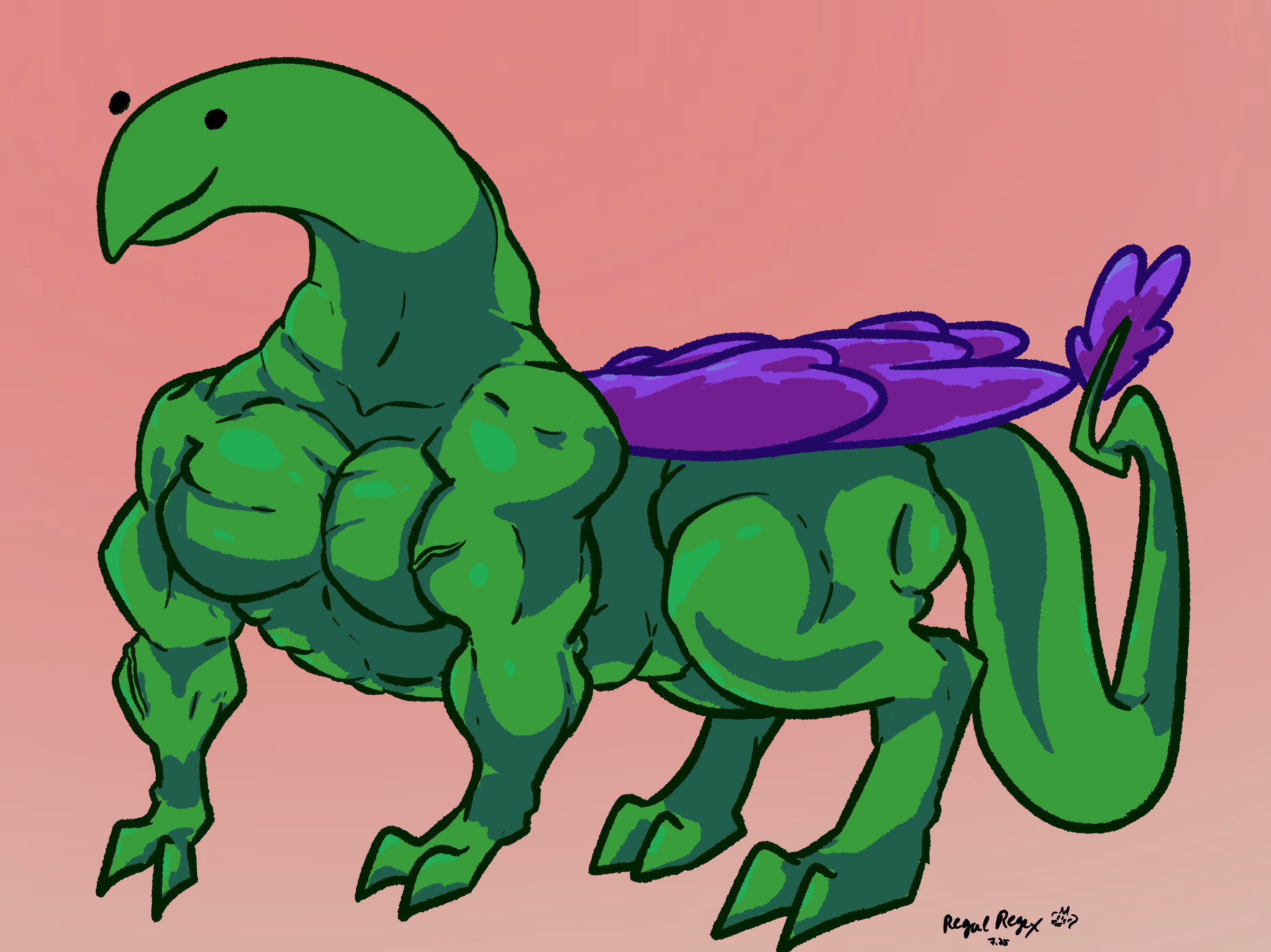 Egregiously muscular green and purple dragon thingy with floating eyeball dots