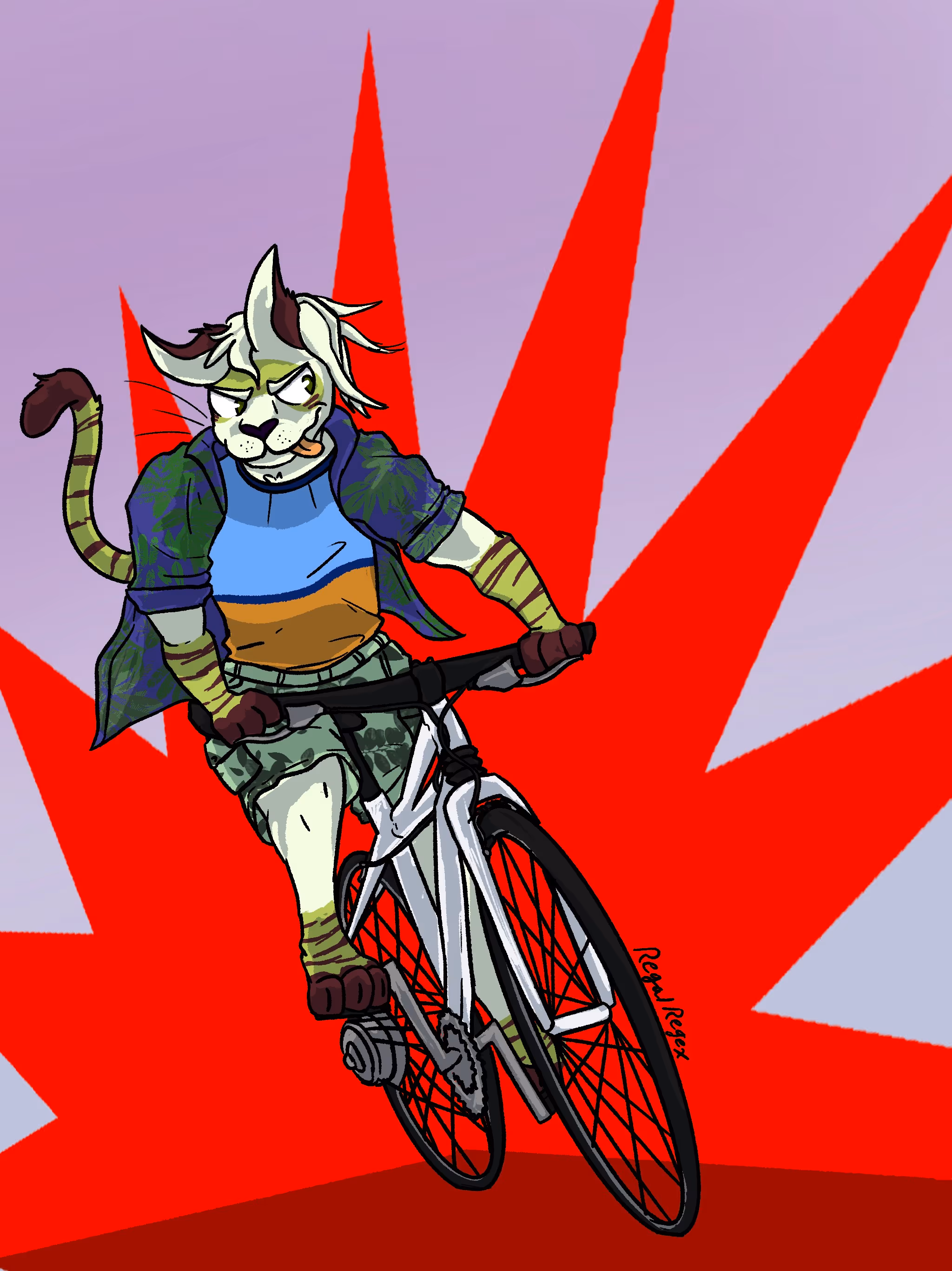 Green and white cat anthro riding a white bike in front of a stylized explosion background