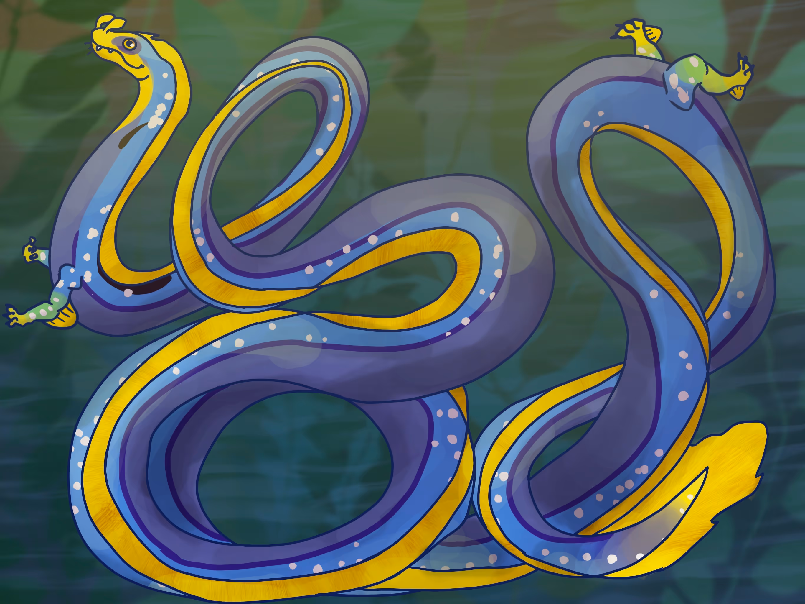 Vague kelp forest background. Foreground is a goofy ribbon eel, mega-lengthened for comedic effect.