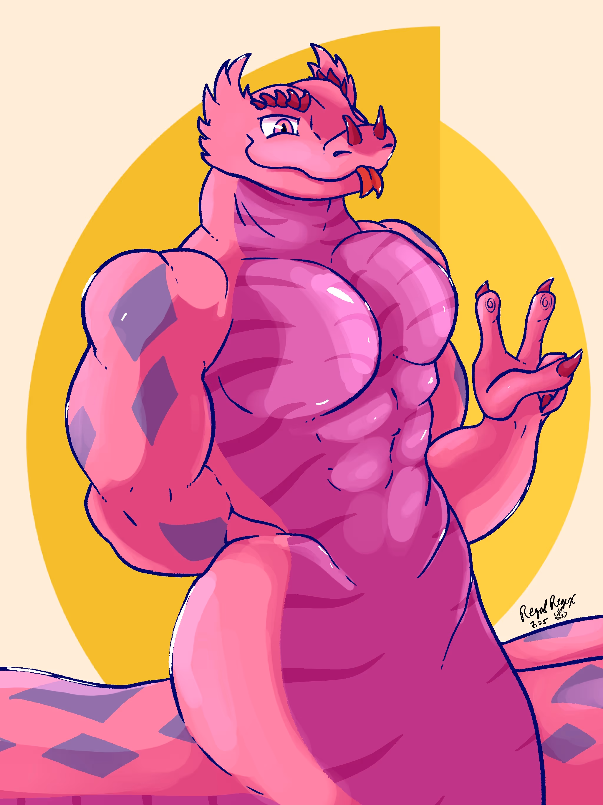 Full-body piece featuring a cool, buff, pink Naga snake. He's simply posing and flashing a peace sign with his fingers to the camera.