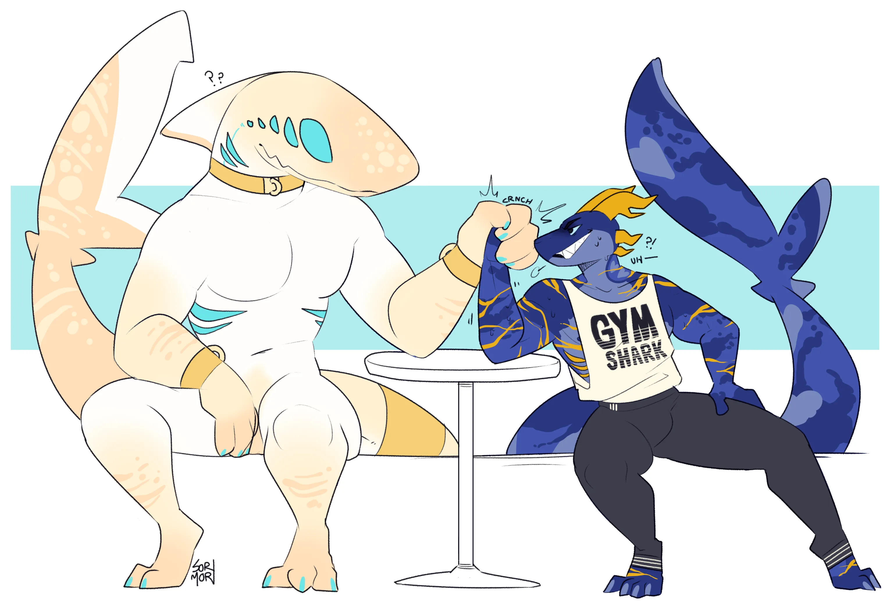 Argent as a shark kind of arm wrestling with a massive yellow and white shark monster