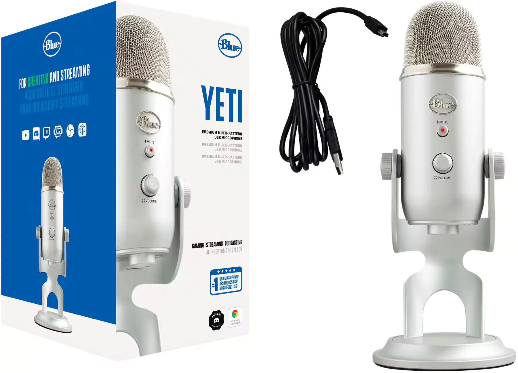 Never liked the look of this thing. Just feels weirdly bulky. Blue (brand) Yeti microphone in a white product page setting next to its box
