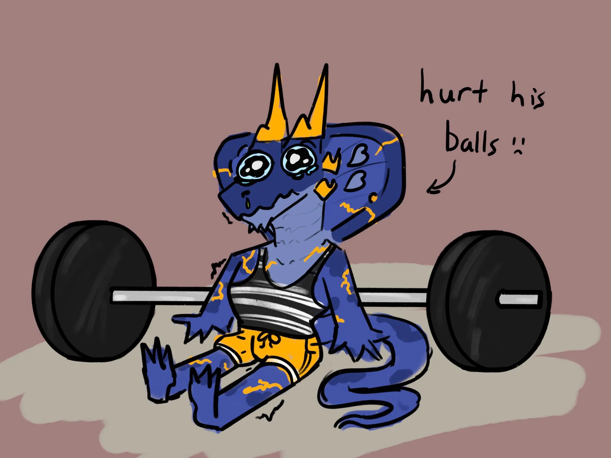 Dumb sketch I made of Argent seated in front of a barbell, crying because he hurt his balls