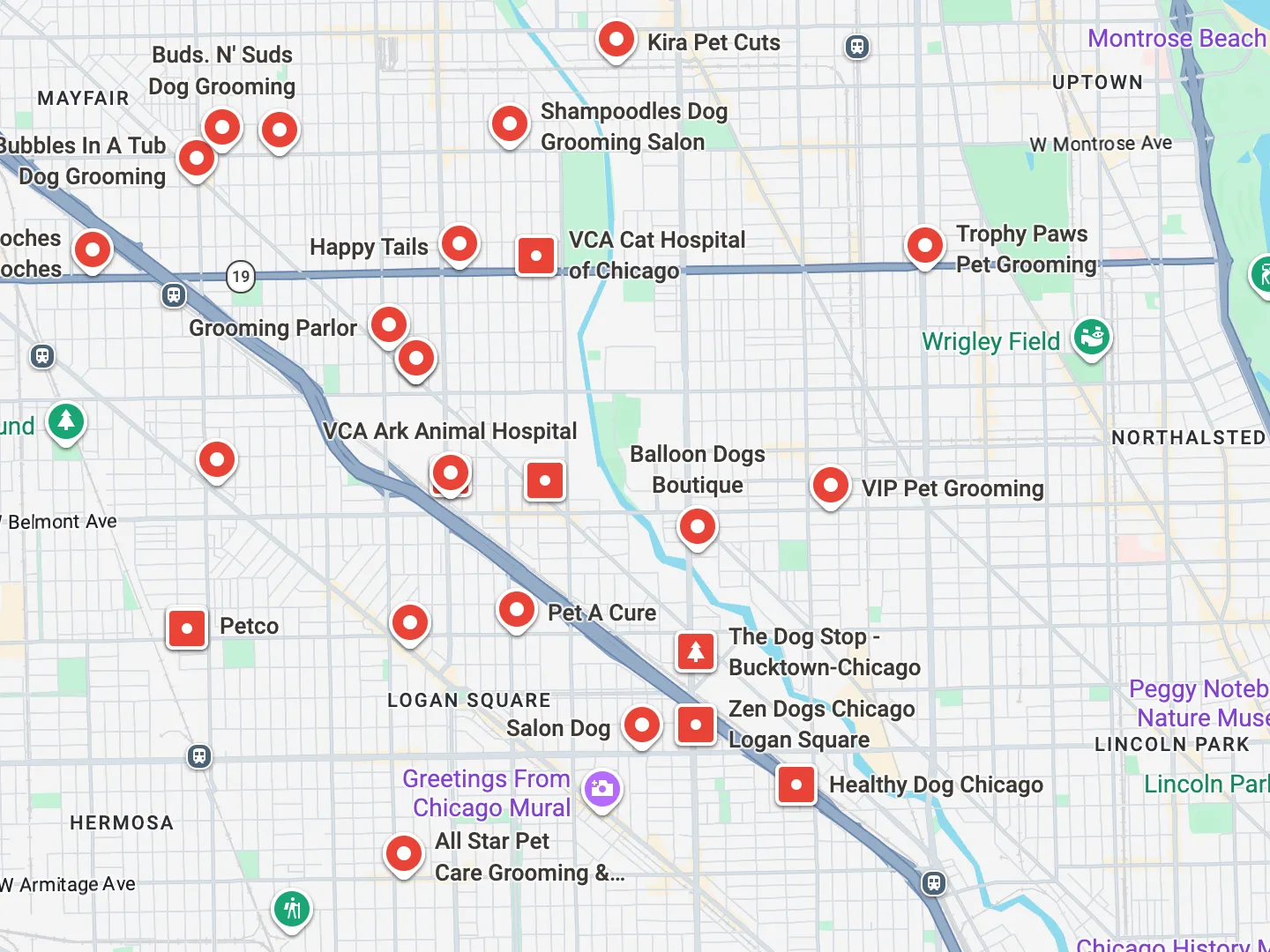 google maps screenshot of the Avondale/Logan Square area of Chicago, showcasing a "dog grooming" search result with many many results