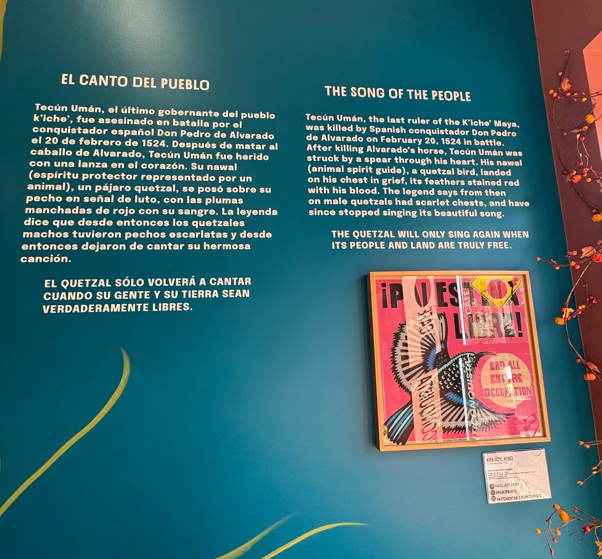 Beautiful Close-up photo of the "Song of the people" written in Spanish on the left, English on the right. It is a story about the death Tecún Umán of the Maya by colonial violence, and how "The Quetzal will only sing again when its people and land are truly free"