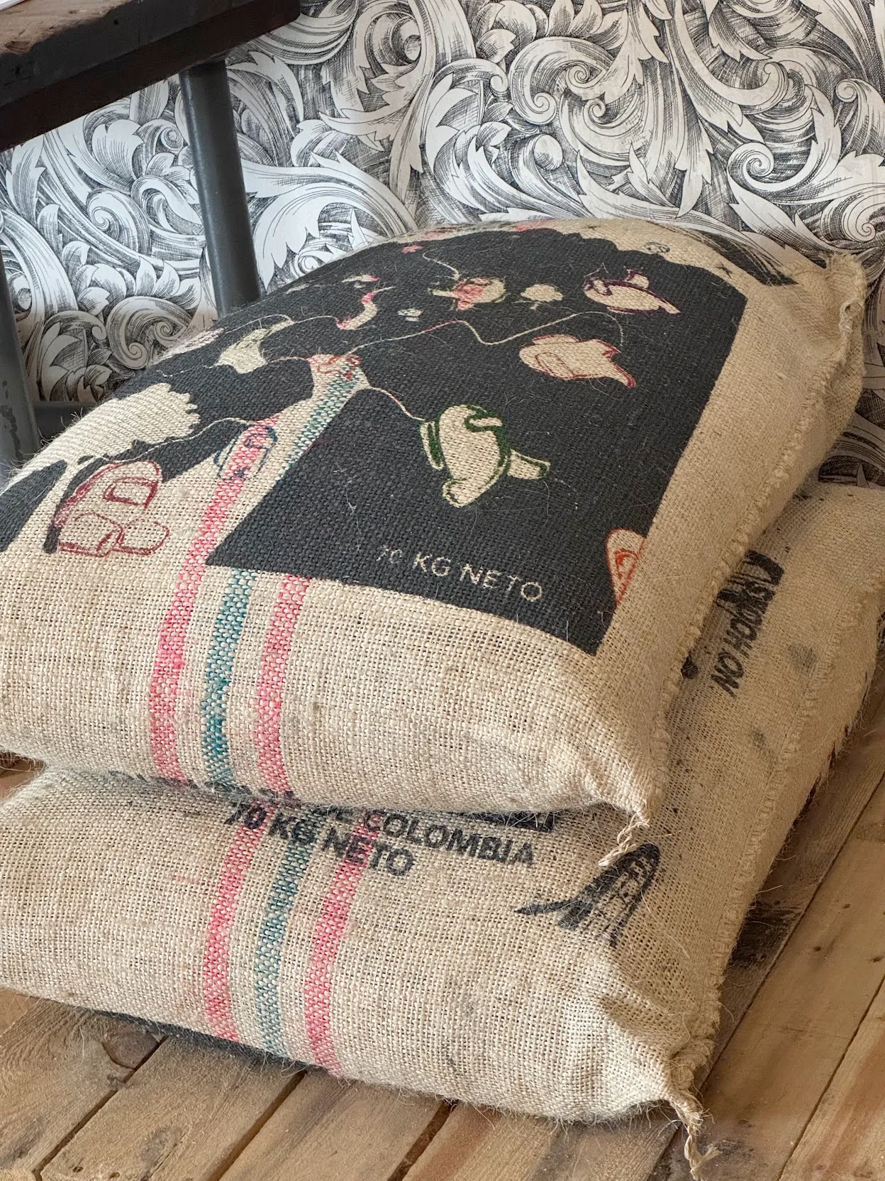 I almost yelled when I saw this. Seriously. A jute coffee bag with a flat-out Among Us art design on it