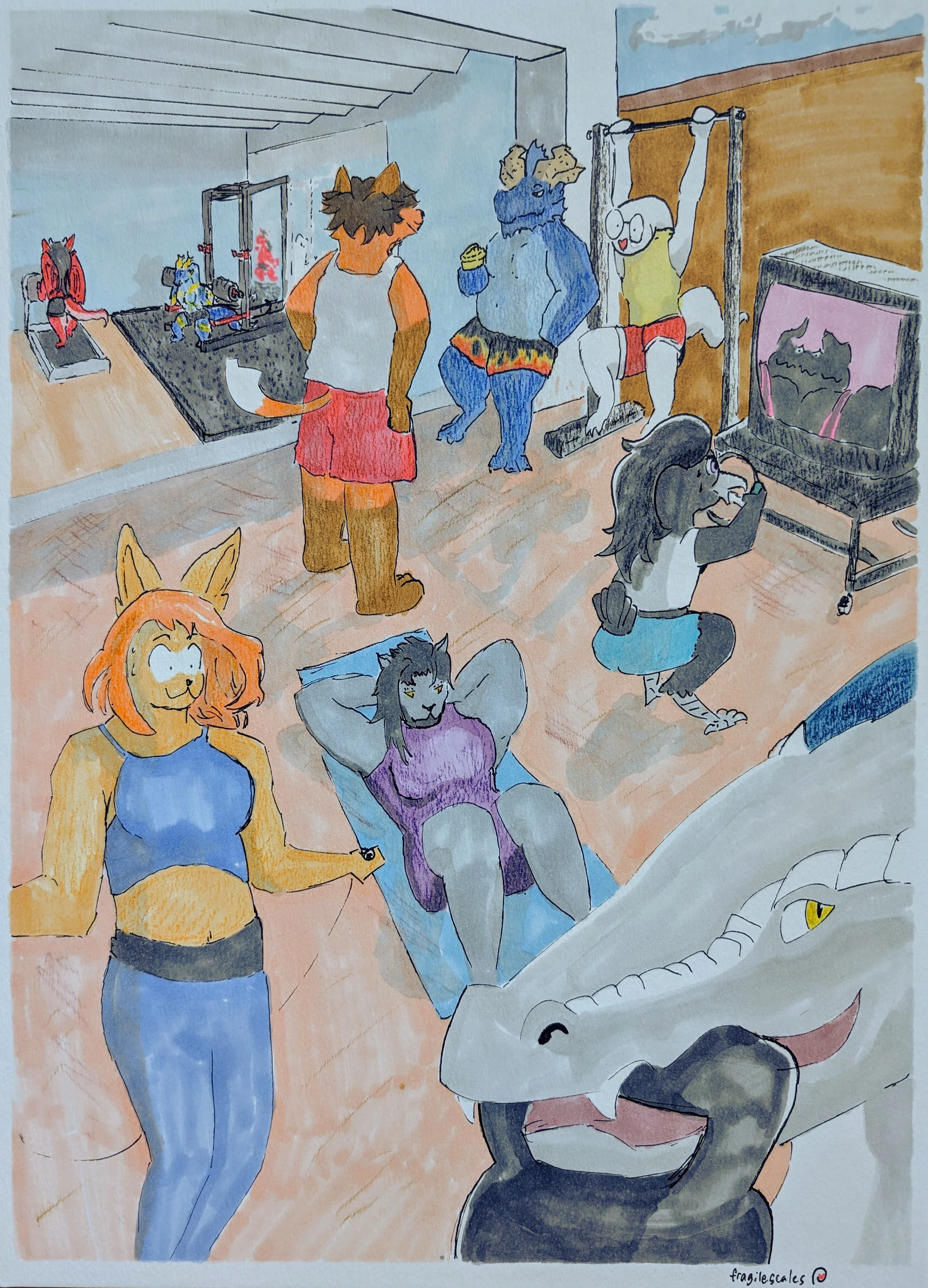 Traditional art of many furries in a gym. A gift from Ming to my fitness server of many of us working out together