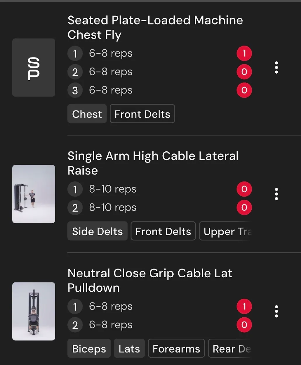 Screenshot of Workouts app listing exercises and rep ranges next to set numberings