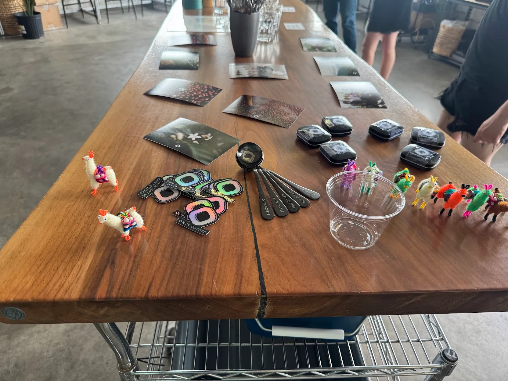 Kind of embarrassed at how excited I was to receive a free cupping spoon lol Alpacas, stickers, tasting spoons, and branded mints on a long table