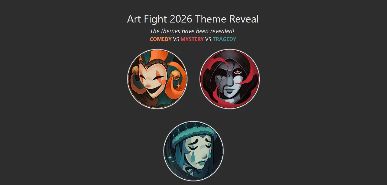 Hats off to the Art Fight admin team because the team art is always killer every year Screenshot of the art fight website, showing the 3 teams and their colored icons--all stylized theatre masks