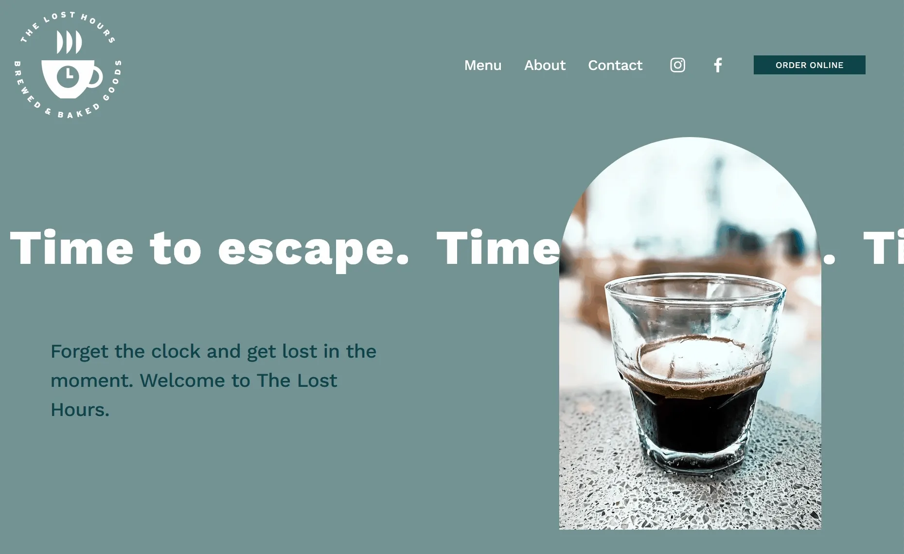 You have no idea how long it took to get a fucking gif to work on this site lmao Front page of the website, with prominent text in the background reading "Time to escape" behind a glass with espresso